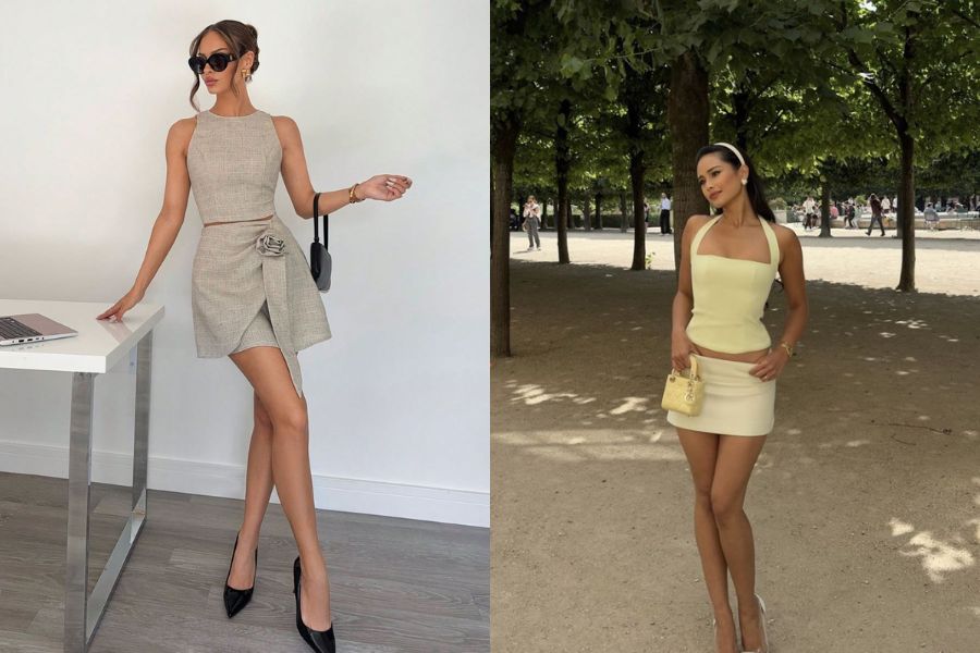 set áo croptop và chân váy xoè giúp tôn dáng hiệu quả