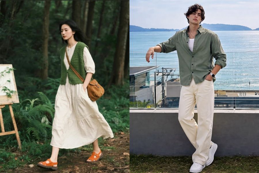outfit xanh lá phối màu kem