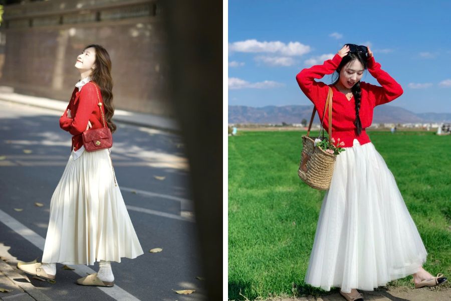 Mix chân váy xếp ly dài, chân váy lưới cùng hoodie đỏ tươi