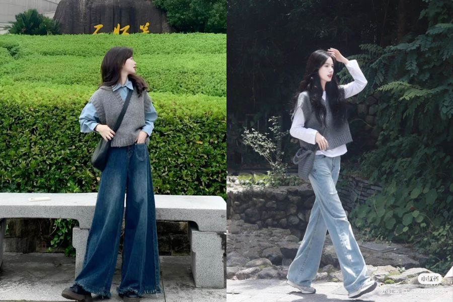 Quần Jean ống rộng phối áo len 