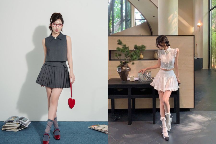 Áo croptop sát nách phối chân váy xoè