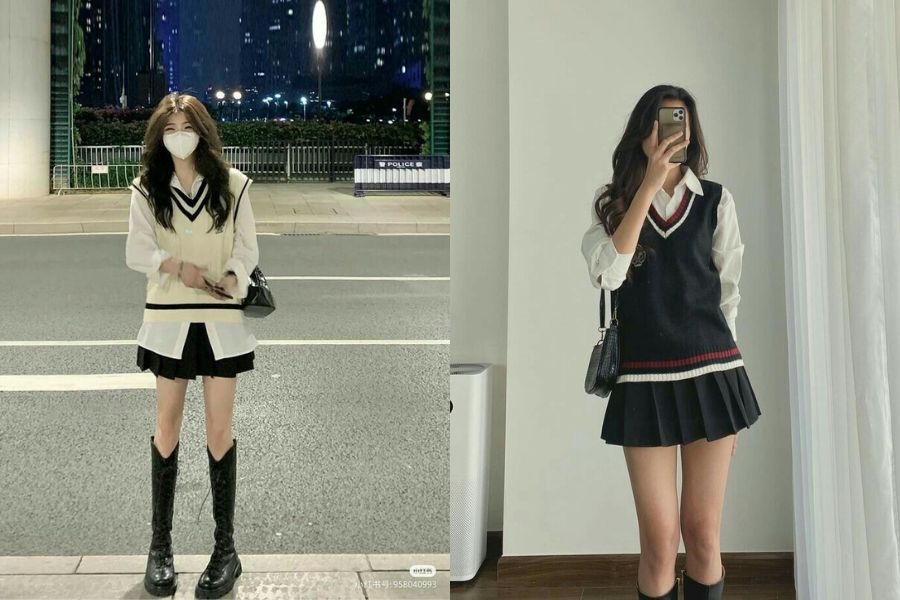 Công thức phối đồ mùa đông cho nữ thấp với áo cổ chữ V hoặc cổ tim