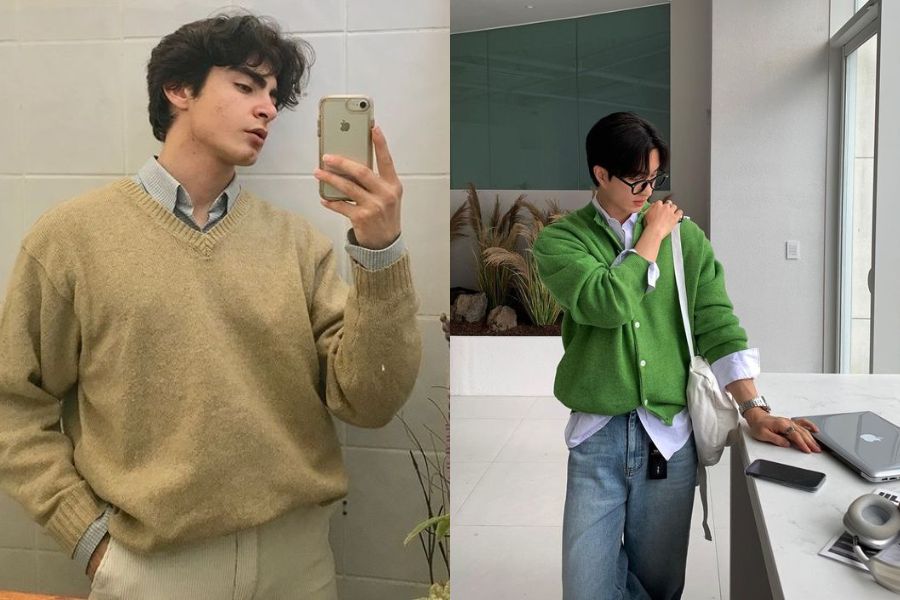 Áo sơ mi phối cùng áo sweater dáng rộng