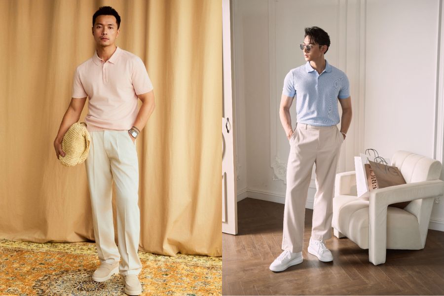 áo polo màu pastel phối quần chinos kem