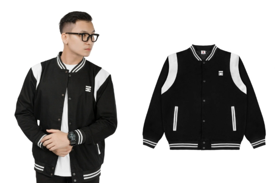 Áo bomber nam đen Varsity tay phối da trắng Hiddle