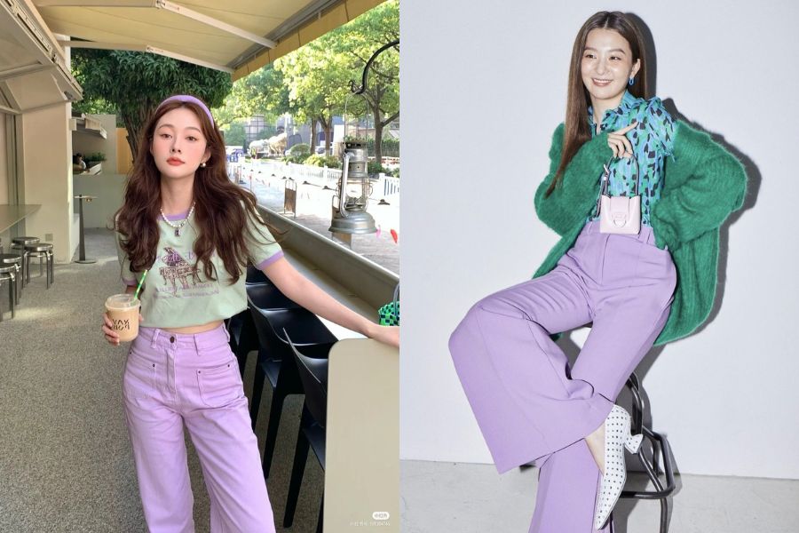 outfit xanh lá phối màu tím nhạt