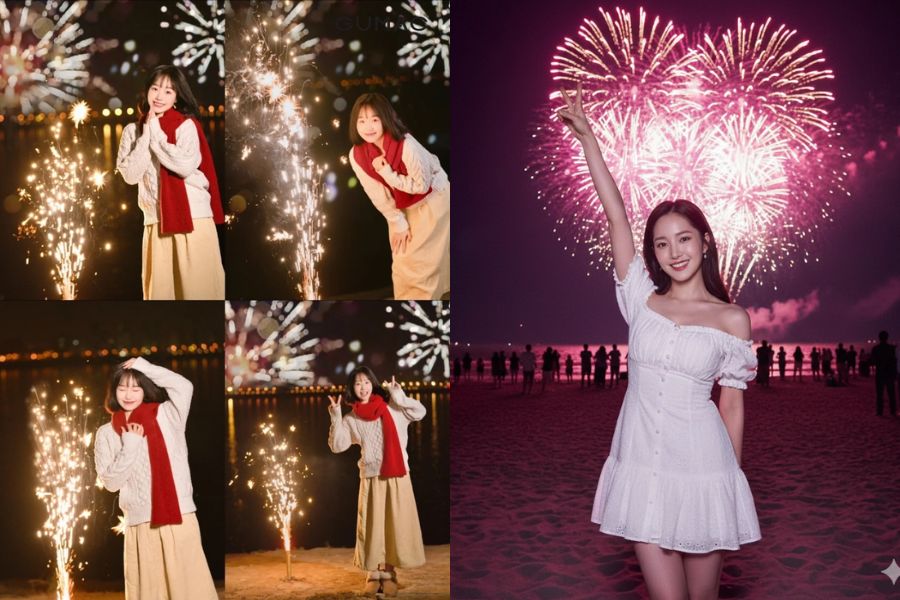 tạo dáng nhún nhảy khi chụp ảnh pháo hoa đêm giao thừa