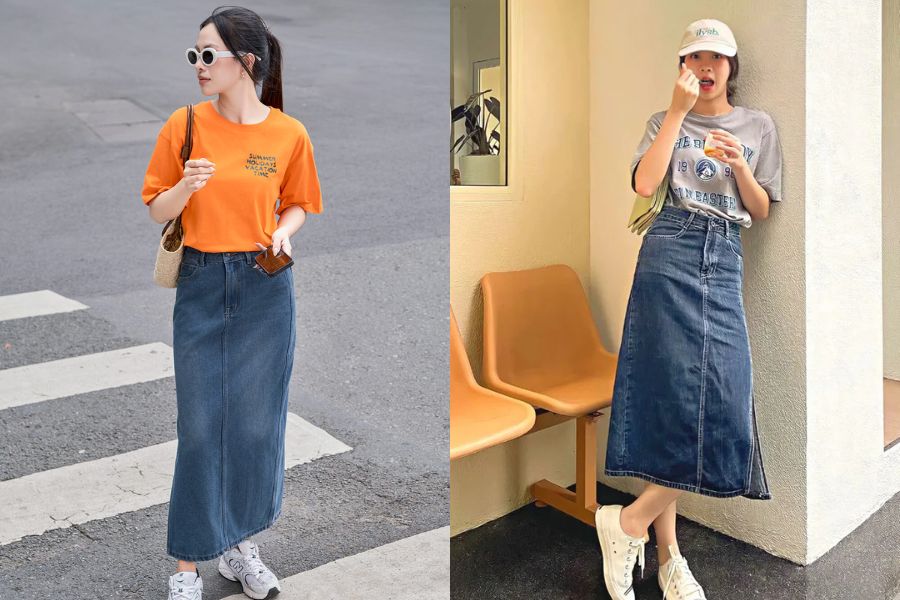 Áo thun phối chân váy jean dài 