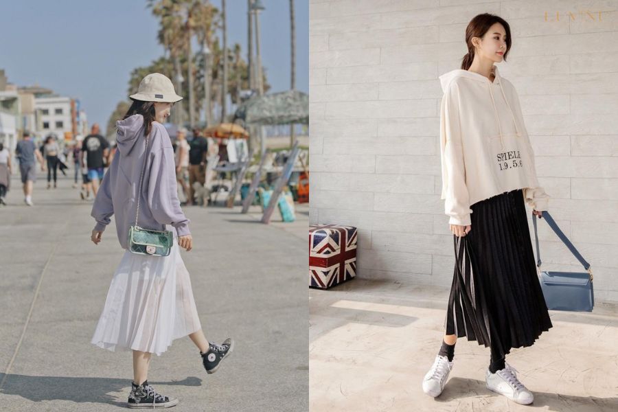 Áo hoodie + chân váy xếp ly