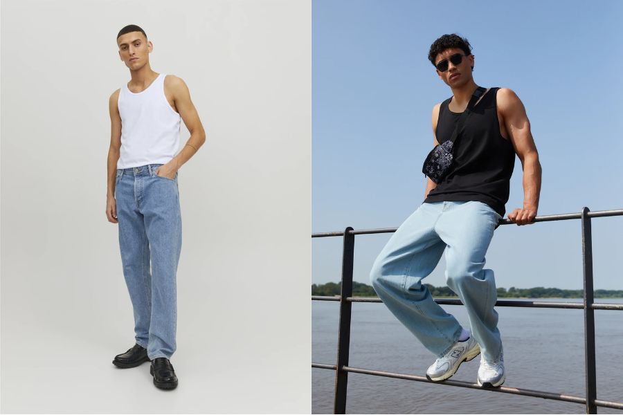 Áo tank top, quần jeans mix cùng giày Fila