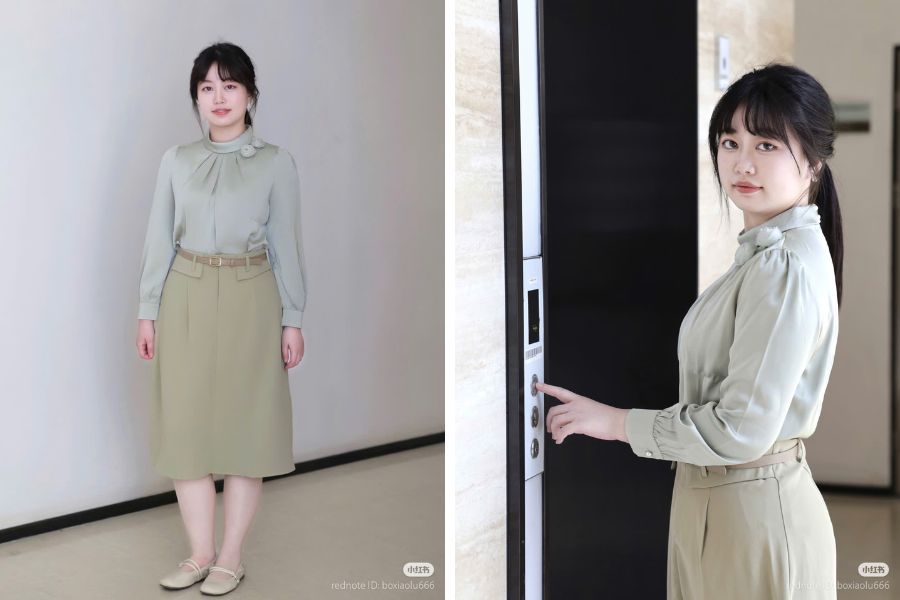 Mix áo sơ mi cổ tiểu thư với chân váy màu be