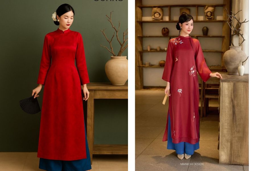 Áo dài đỏ phối quần xanh dương