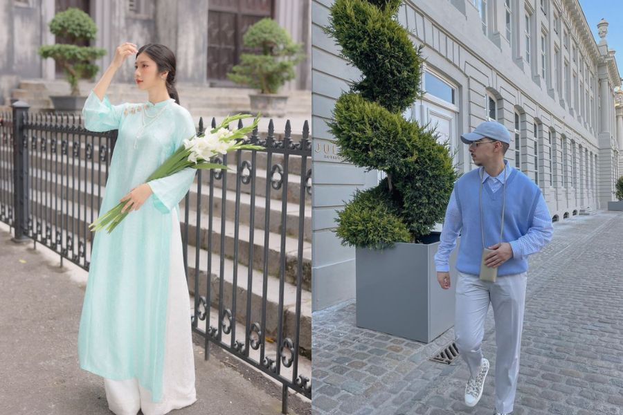 trang phục xanh diện tết