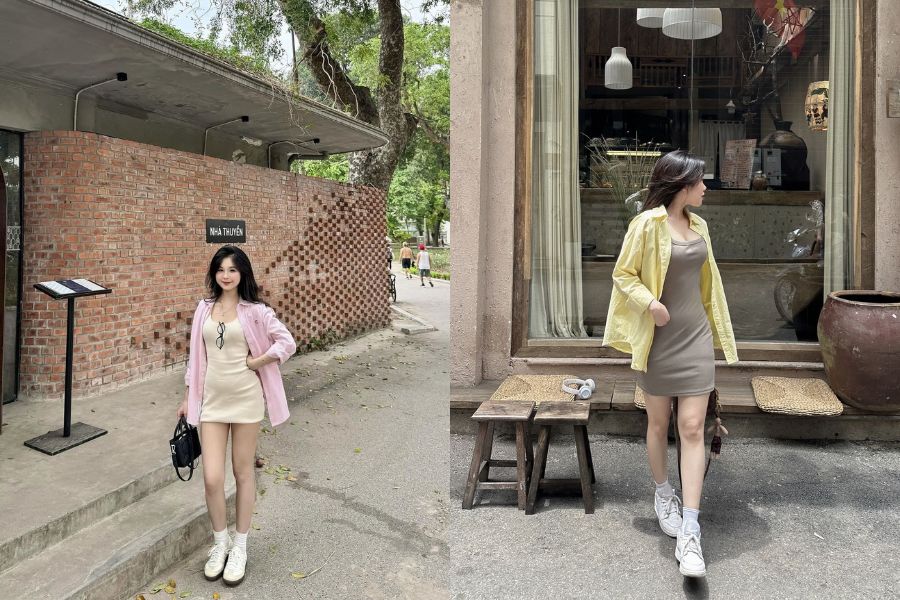 Áo sơ mi dáng dài khoác ngoài váy body ngắn