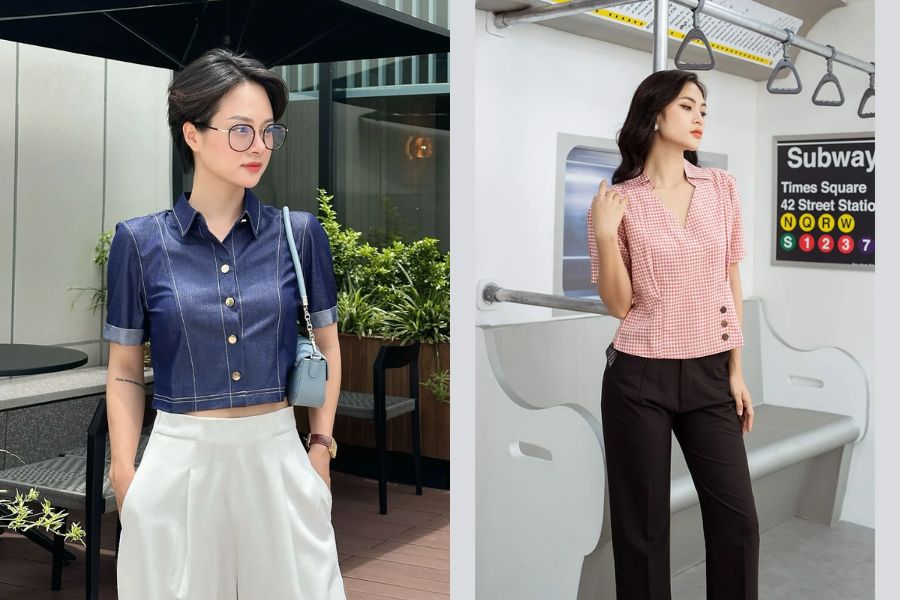 chọn size áo sơ mi nữ cho dáng người vai ngang to