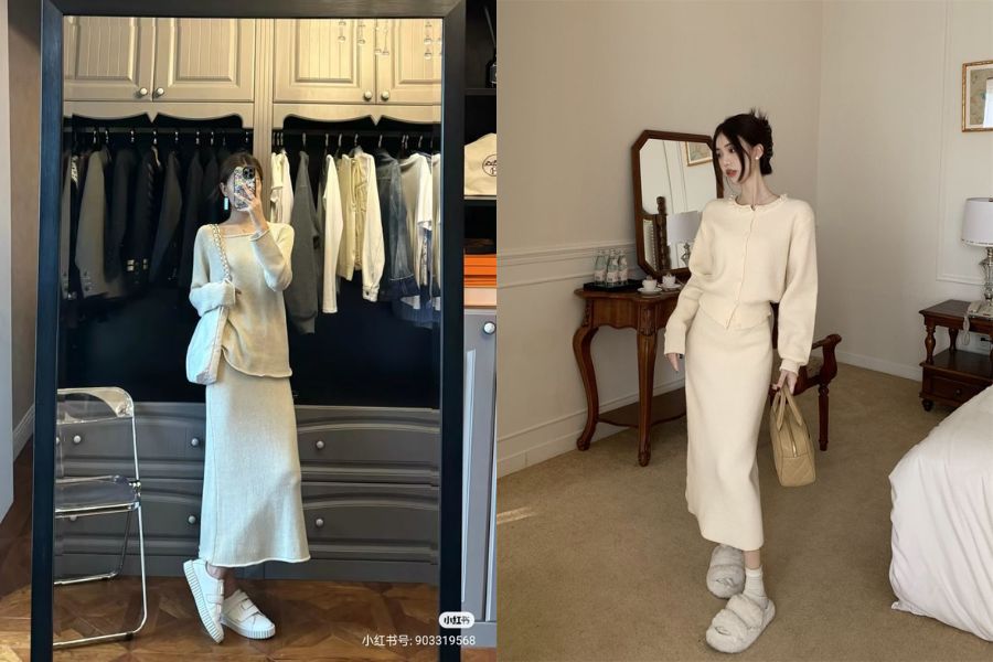 Phối áo len với chân váy dài chữ A