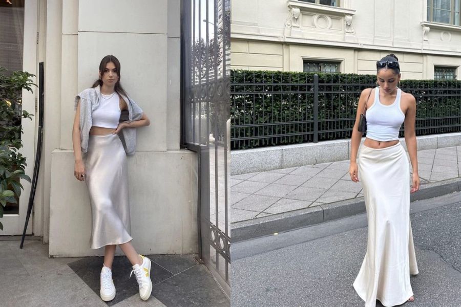 Áo ba lỗ kết hợp với chân váy lụa sang trọng