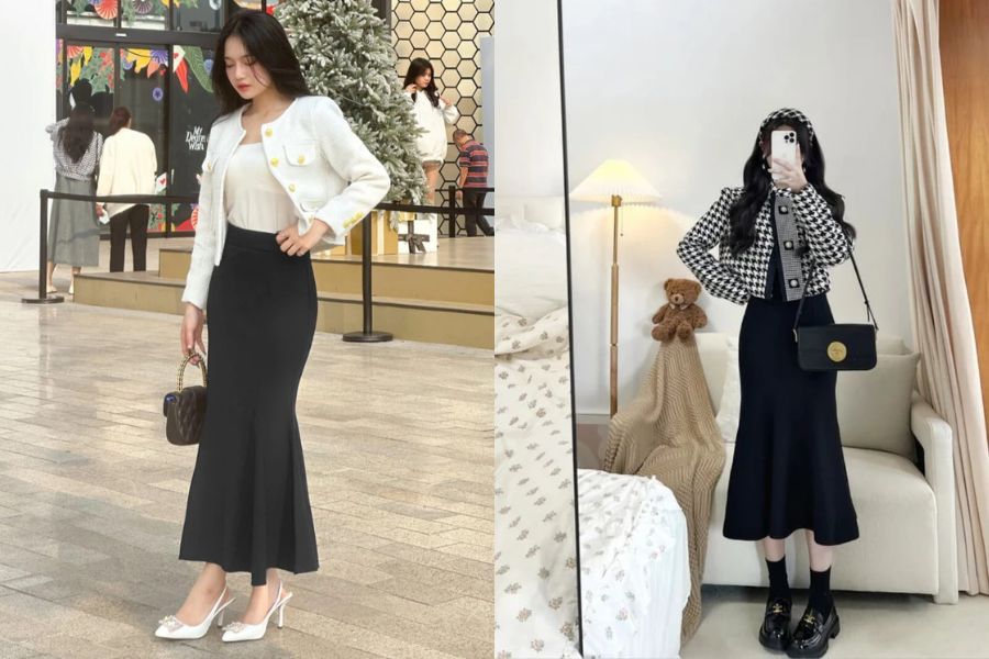 Chân váy đuôi cá phối áo khoác dạ tweed