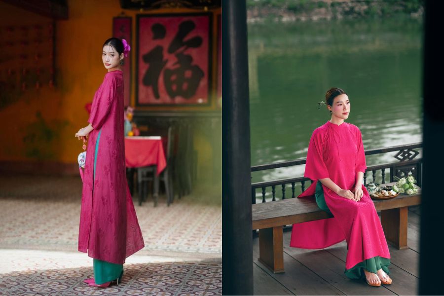 Áo dài hồng đi cùng quần xanh lá