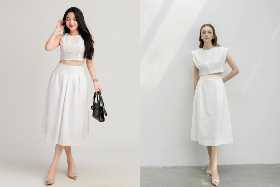 Áo croptop vải linen phối váy xoè trắng dáng dài