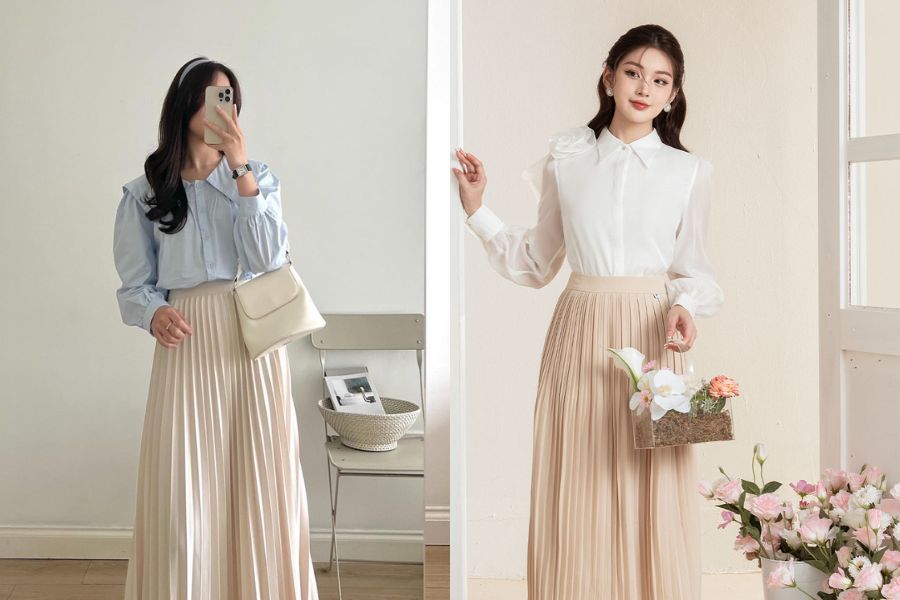 Chân váy xếp ly mix với áo sơ mi