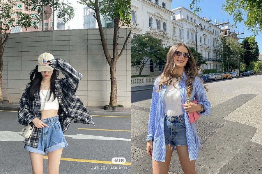 Quần short jeans và áo sơ mi khoác ngoài năng động cho ngày hè