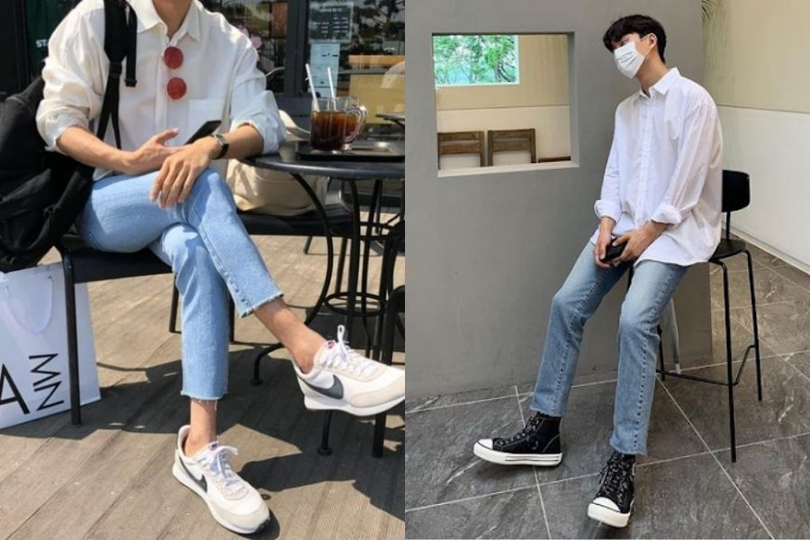 Năng động với outfit quần jean và áo sơ mi vải bóng 