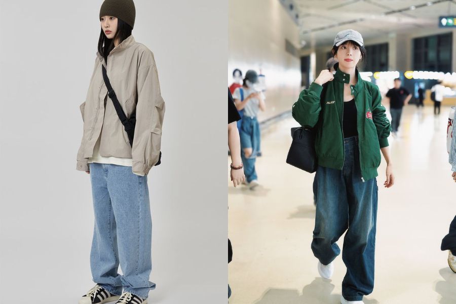 Áo khoác gió phối quần jeans ống rộng