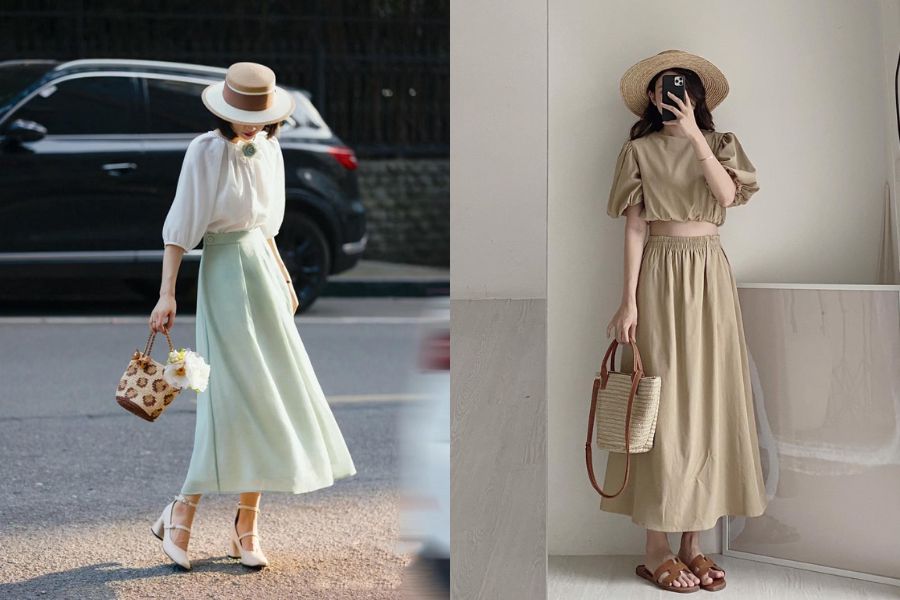 chân váy dài vintage mix áo tay bồng lỡ