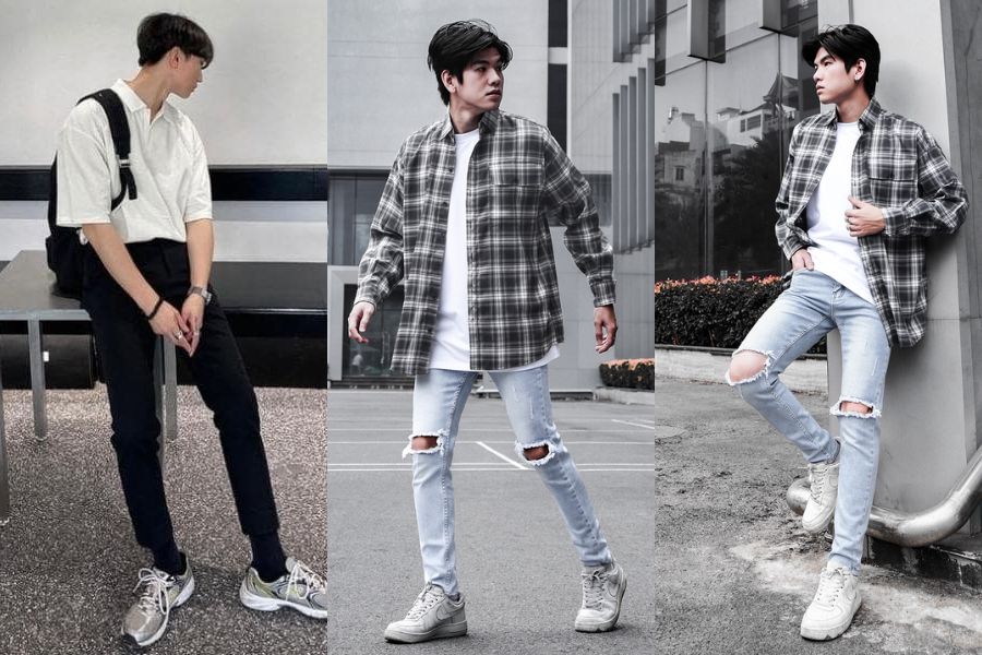 Áo sơ mi unisex nam phối với quần skinny