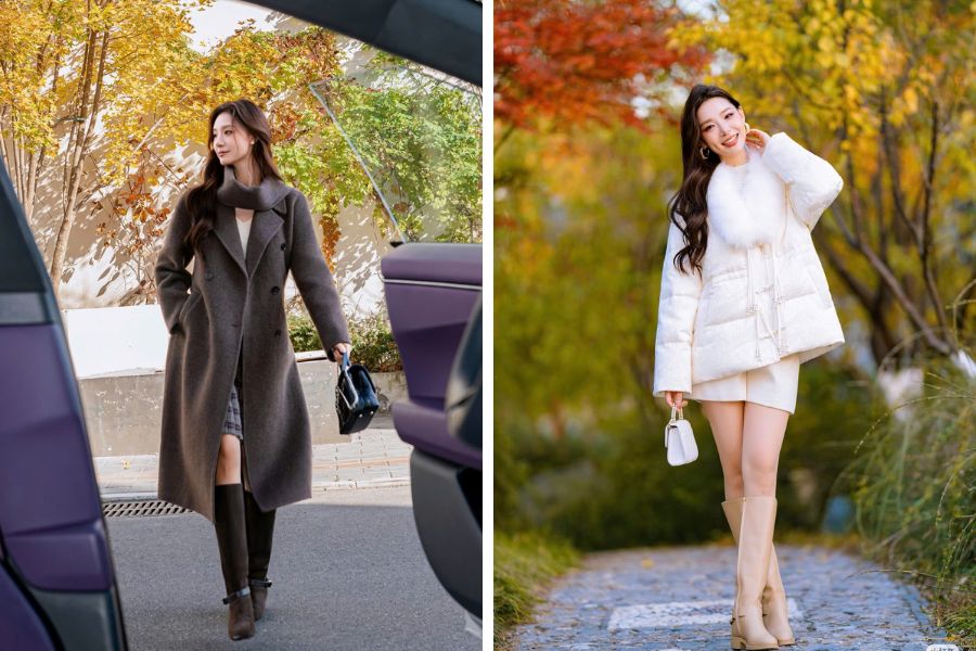 Kết hợp giày cổ cao màu xám đen và áo khoác dạ cùng màu