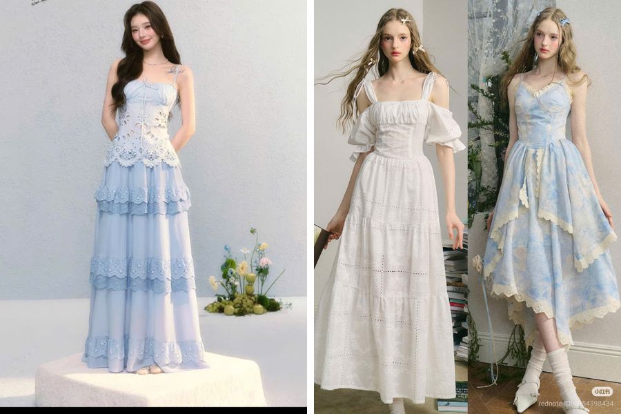 Mẫu váy công chúa dáng dài màu xanh nhạt phối trắng