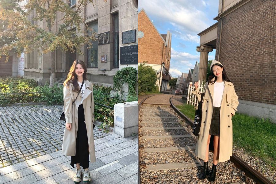 Áo len cổ lọ + váy midi + áo trench coat