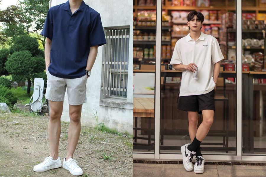 Áo polo phối màu mix quần short jeans và giày slip-on