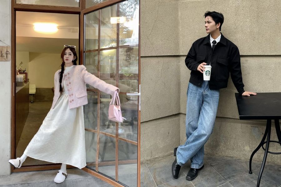 Chân váy dài phối cùng áo khoác dạ