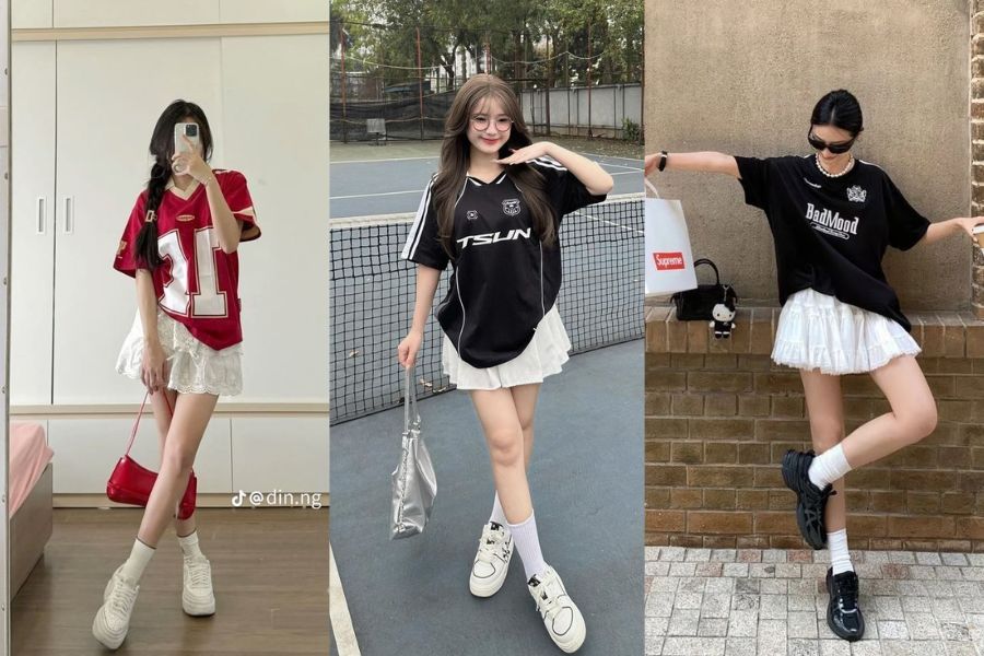 Phối chân váy xòe ngắn với áo phông