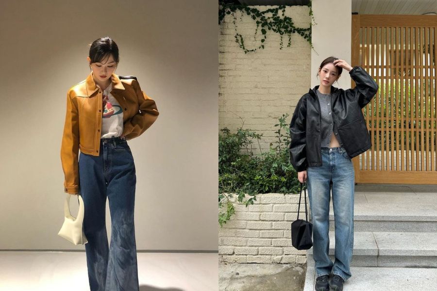 Áo khoác da mix quần jeans cho cô nàng cá tính