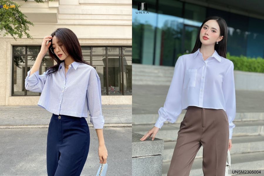 Quần tây ống rộng cạp cao với áo sơ mi croptop