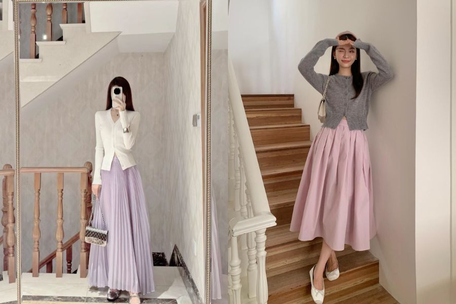 Áo cardigan ôm mặc với chân váy dài