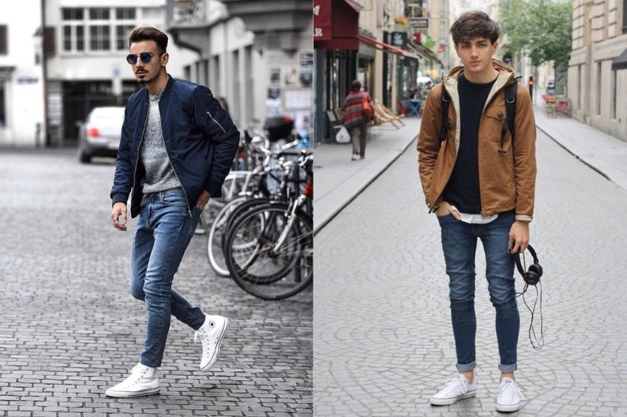 Giày Converse trắng nam phối với quần jeans cuốn hút