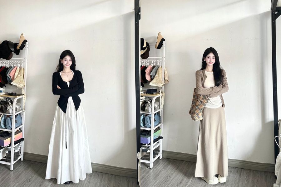 Phối đồ mùa Đông sang chảnh, thanh lịch với chân váy dài mix áo Cardigan