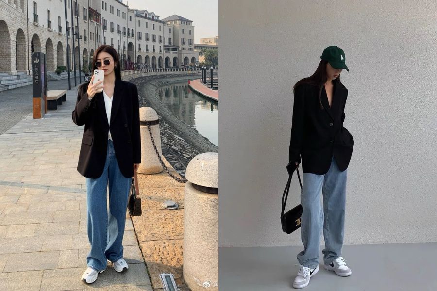 Quần Jean baggy phối với blazer
