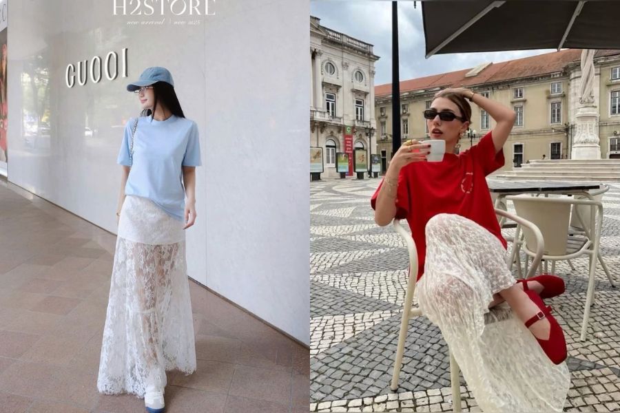 Phối chân váy dài ren tiểu thư với áo phông basic