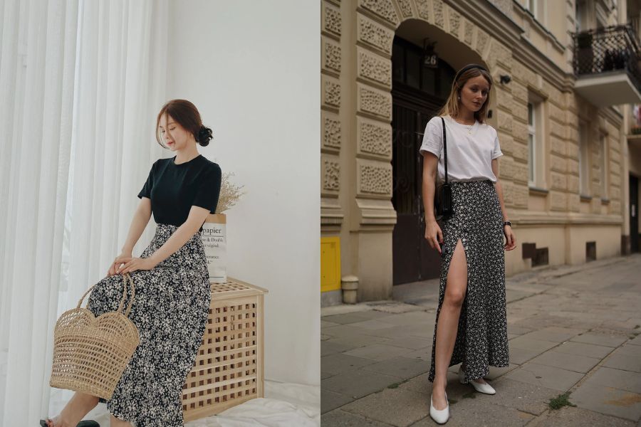 đầm dài hoa nhí phối áo thun
