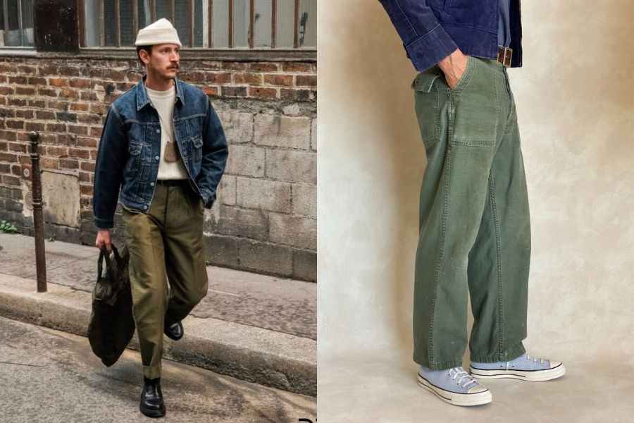 Quần kaki ống rộng với thiết kế túi hộp là lựa chọn yêu thích của anh chàng theo phong cách Vintage Military