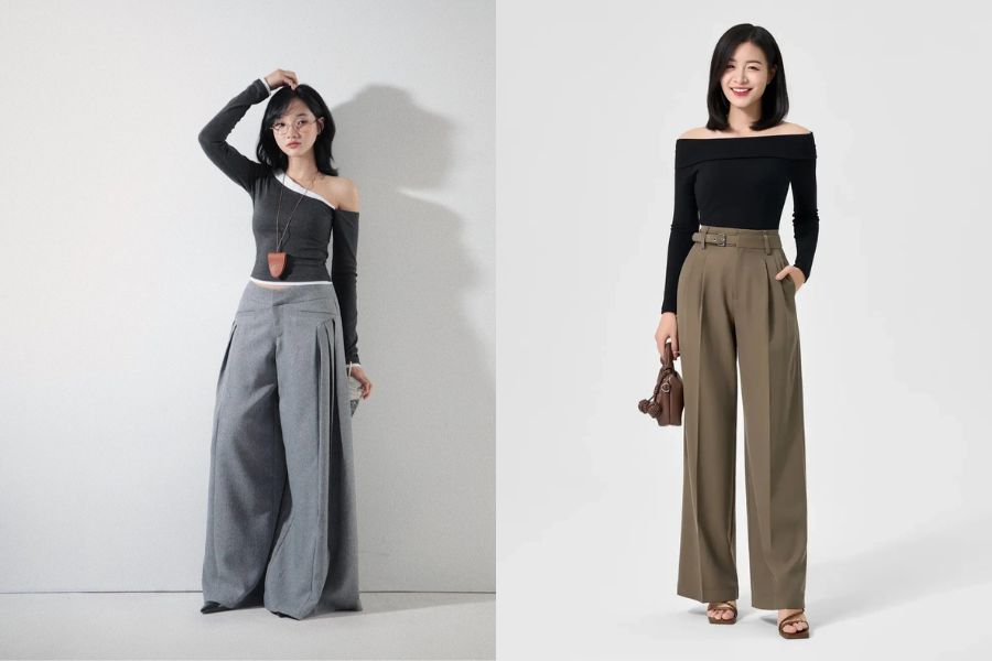 Quần ống rộng kết hợp với áo trễ vai nữ tính