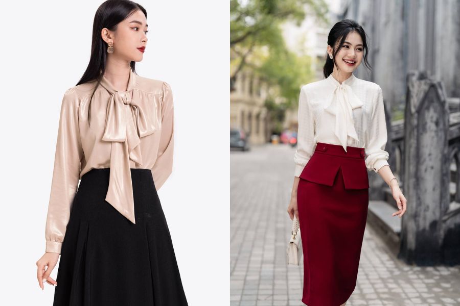 Phối áo sơ mi có nơ cho nàng có vòng 1 khiêm tốn