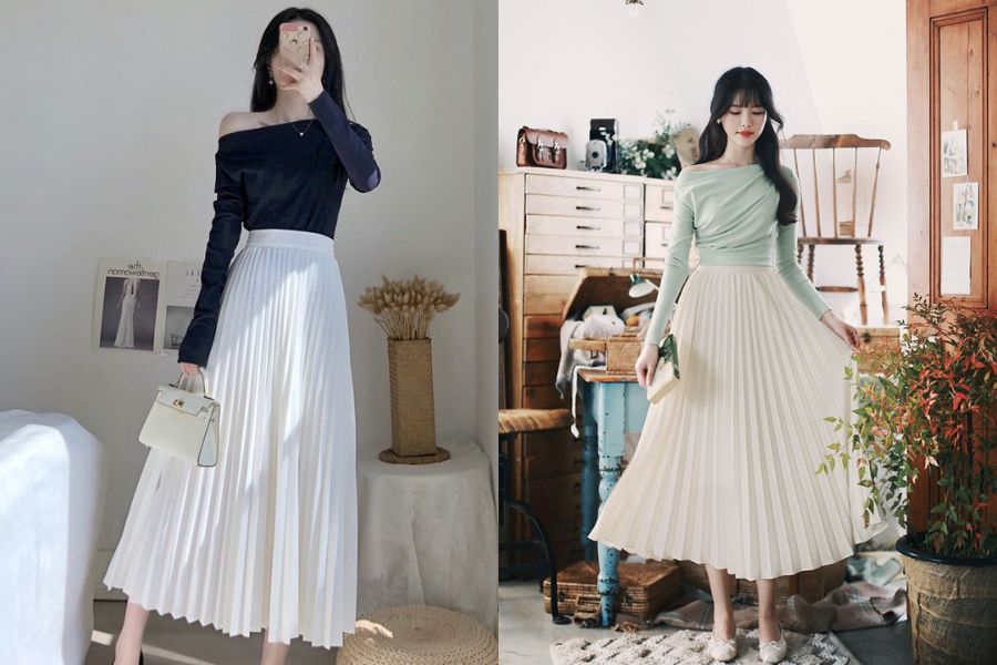 Chân váy xếp ly phối với áo trễ vai