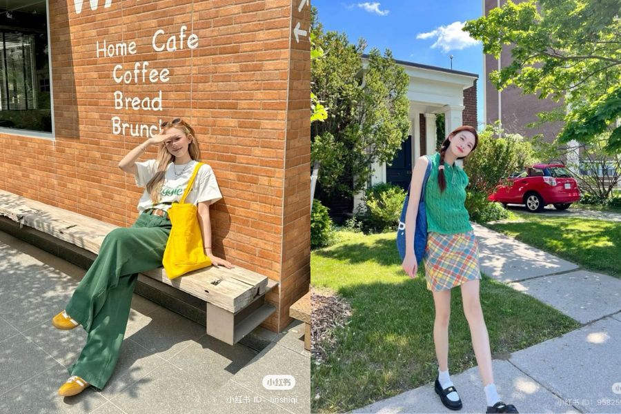 phối phụ kiện với outfit màu xanh lá
