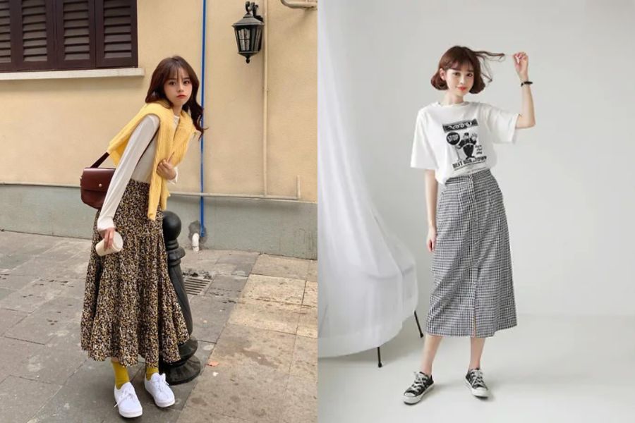 phối chân váy dài vintage với áo phông